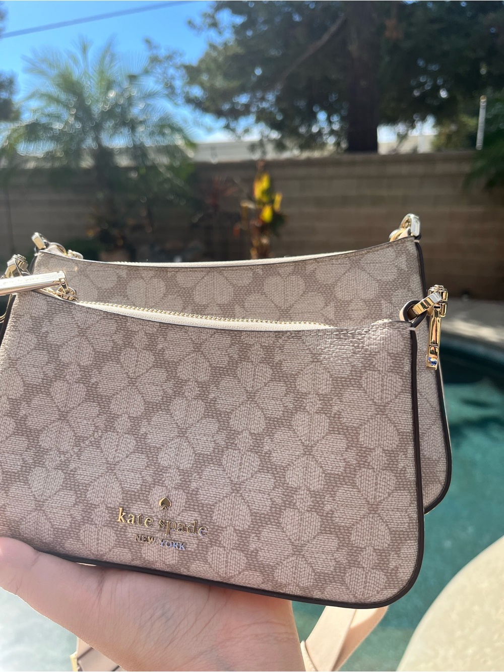 kate spade taupe floral logo double-zip crossbody bag